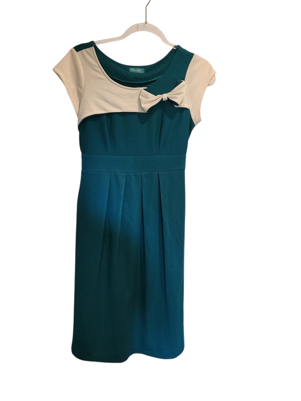 40s 50s Vintage Pin Up Style Teal Blue Green And White Cap Sleeve Dress